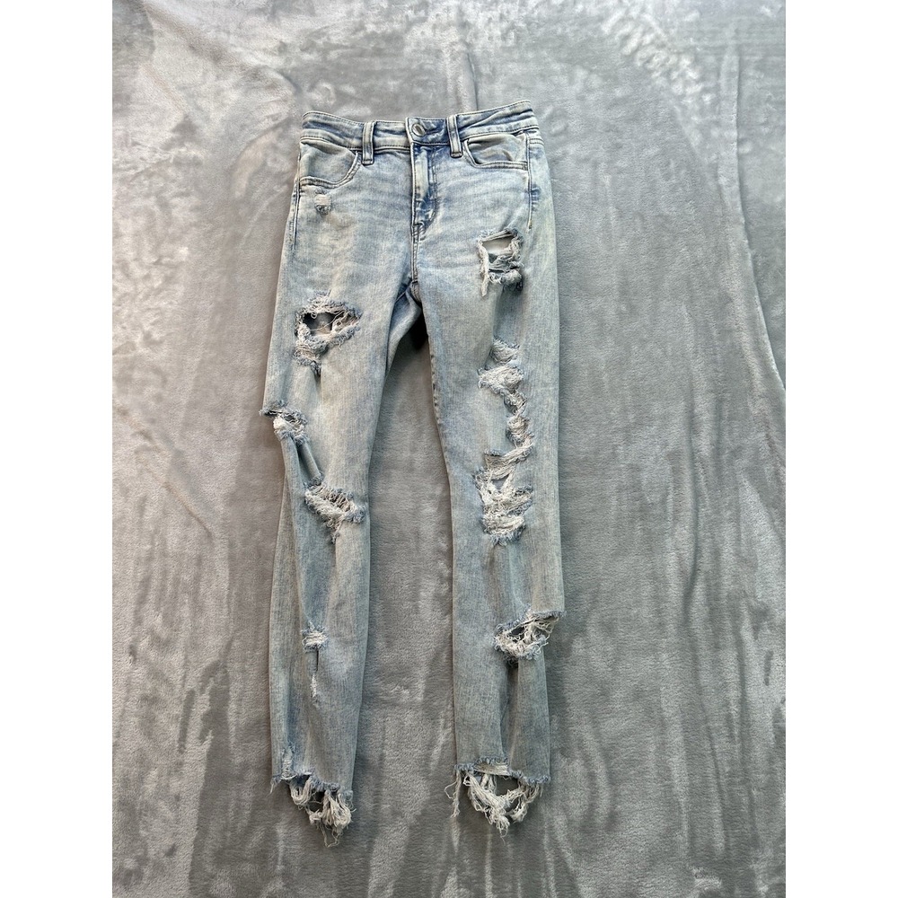 American Eagle Jeans Womens Sz 2 Reg Blue Hi Rise Jegging Crop Stretch Distress